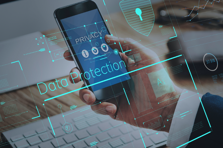 Phone screen with the words Data Protection coming out
