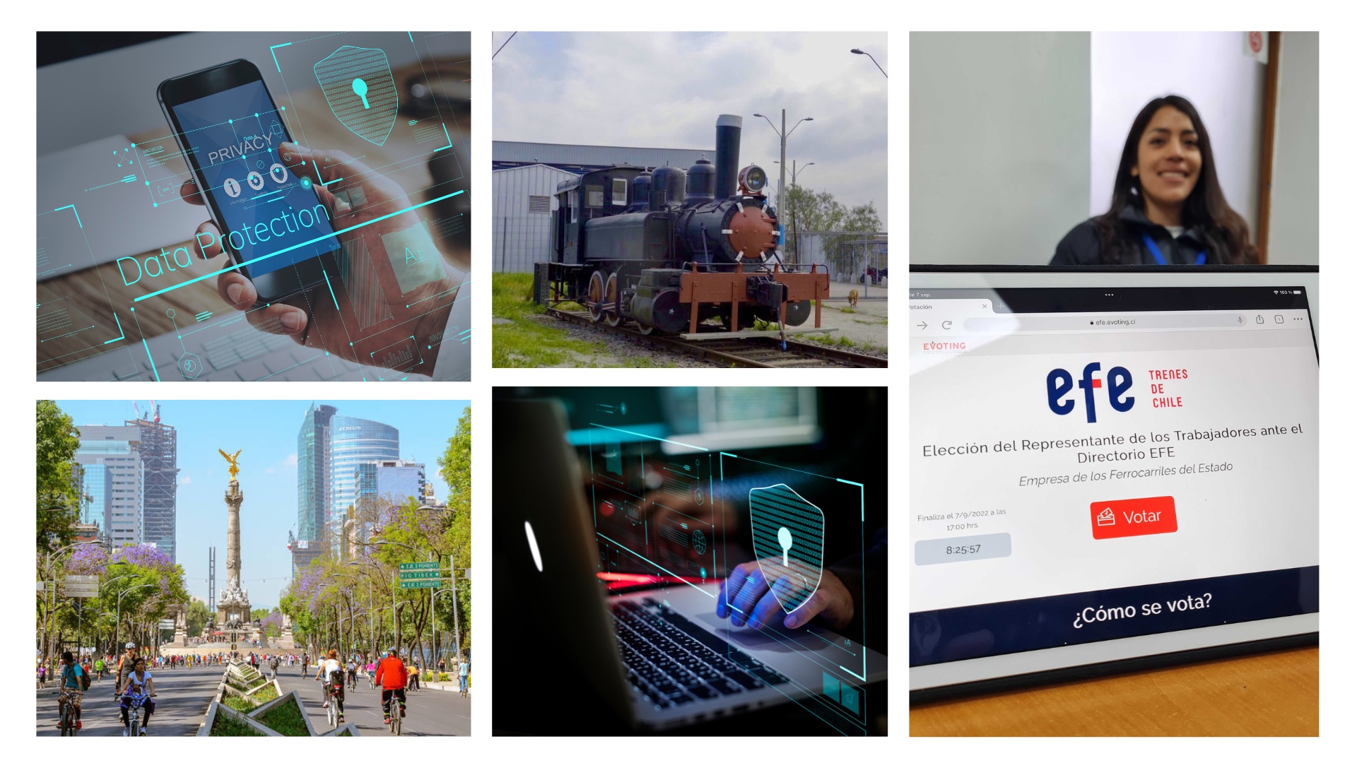 Tablet with electronic voting screen of the State Railway Company (EFE), a locomotive, a square in Mexico, and computer security