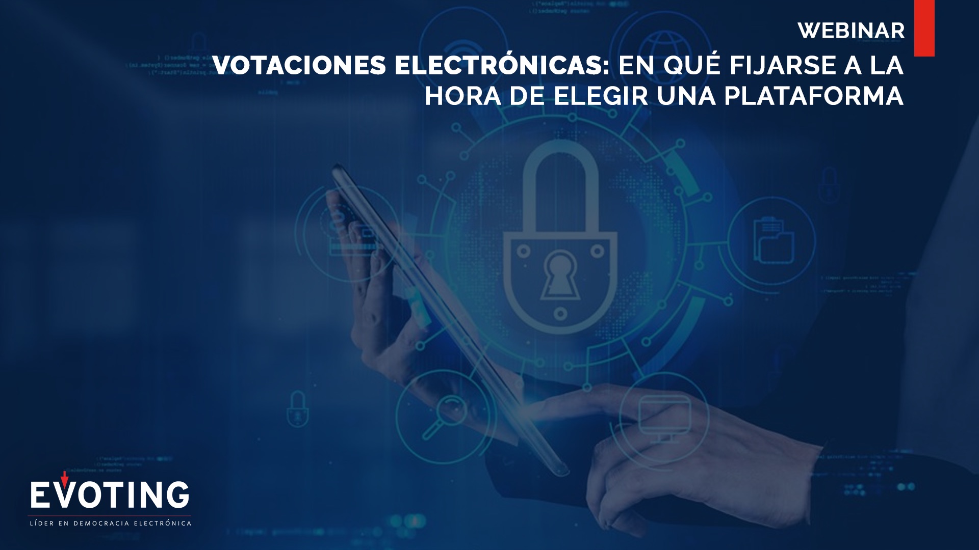 Fondo azul con el logo de EVoting y el título Votaciones electrónicas: en qué fijarse al elegir una plataforma
