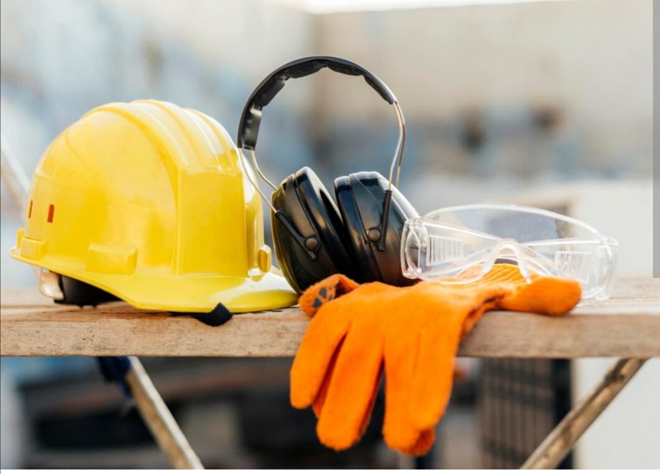 Casco, guantes y audífonos de trabajador de la construcción