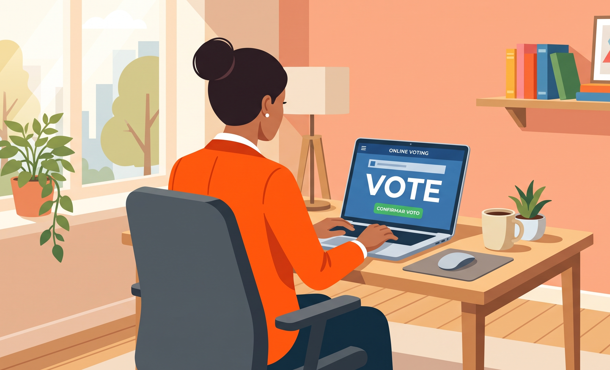 Ilustración de una mujer de espaldas sentada en su escritorio frente a una laptop, realizando una votación en línea con la palabra 