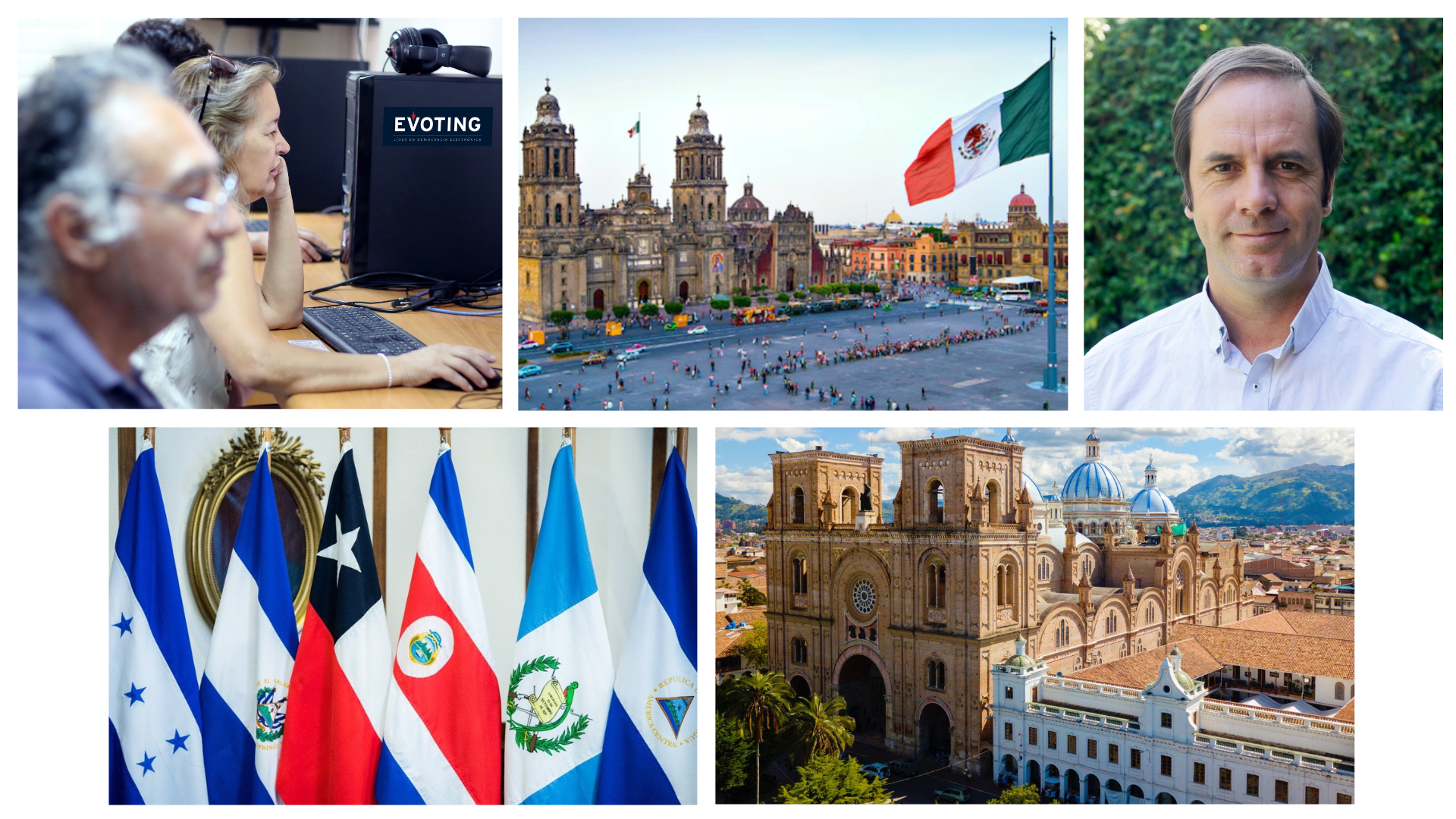 Dos ancianos votando electrónicamente, el Zócalo en México, Tomás Barros, Gerente General de EVoting, Gabriela Tijerino, Directora Comercial de Costa Rica y Centroamérica, Cuenca, Ecuador, y Costa Rica visto desde el cielo