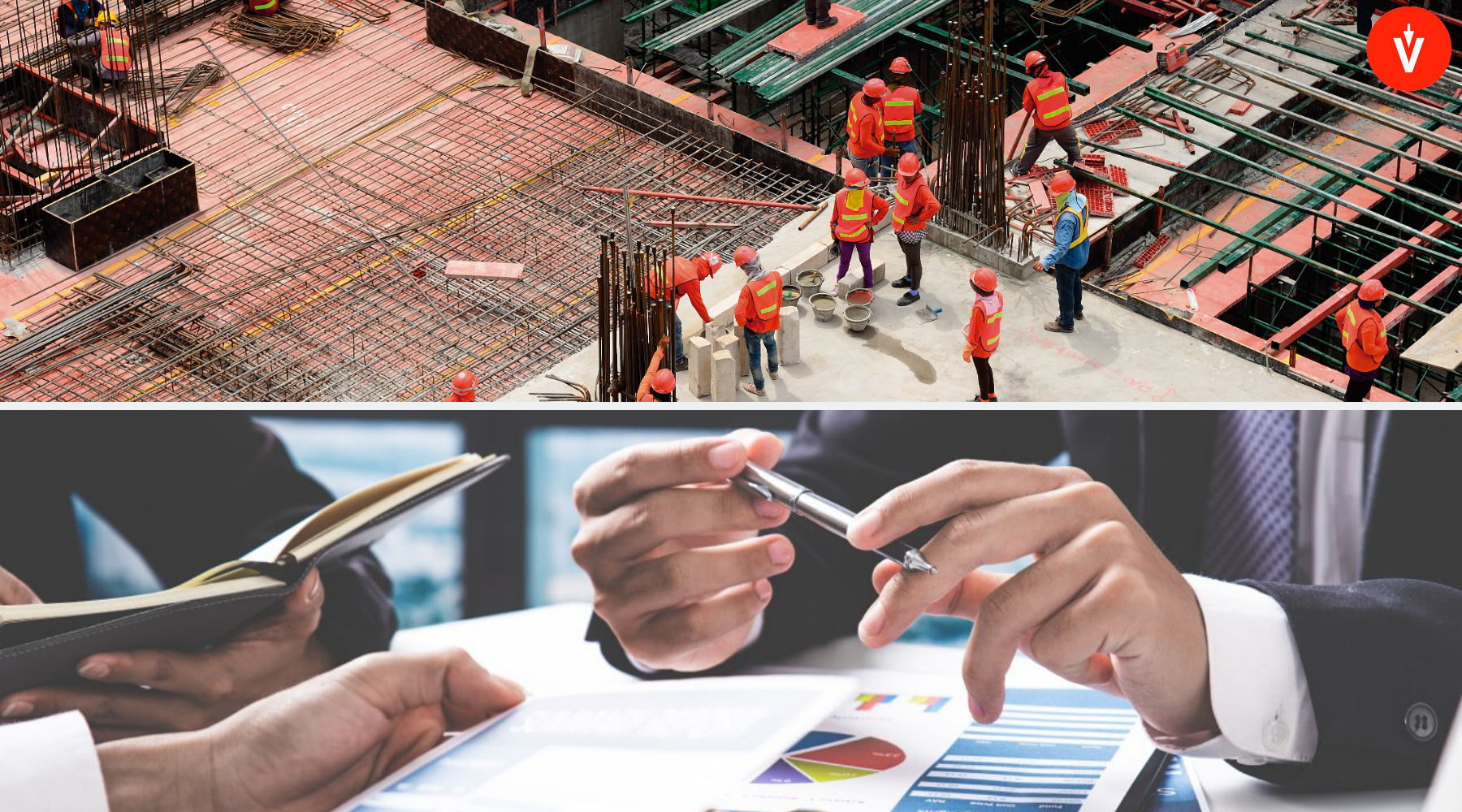 Grupo de hombres trabajando en la construcción, y 3 accionistas sosteniendo un lápiz, una tablet y un cuaderno, con logo de EVoting en la esquina