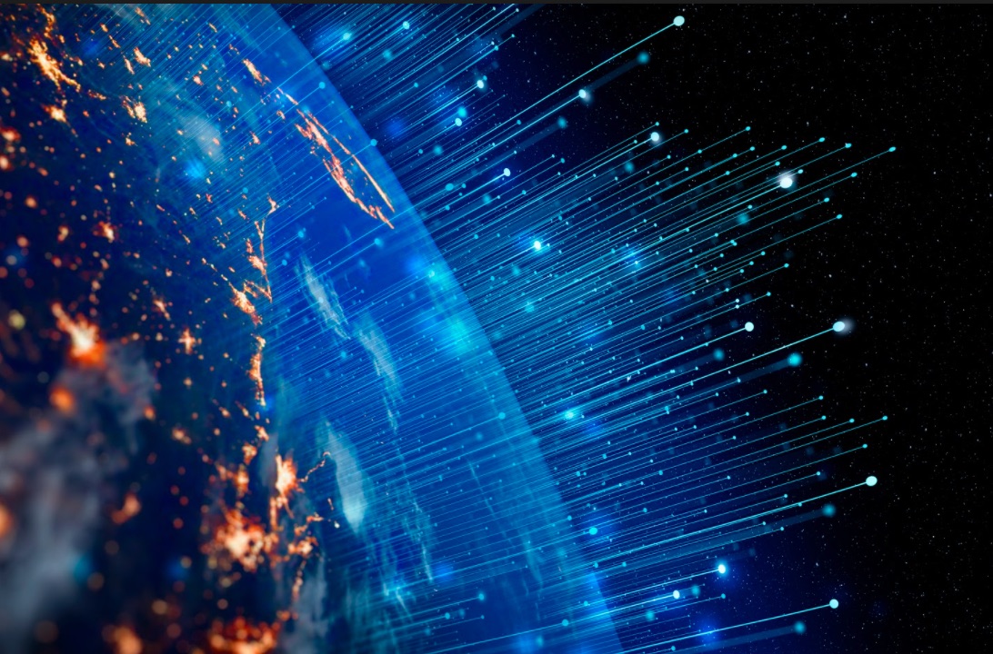 El planeta Tierra desde el espacio con líneas digitales saliendo de él
