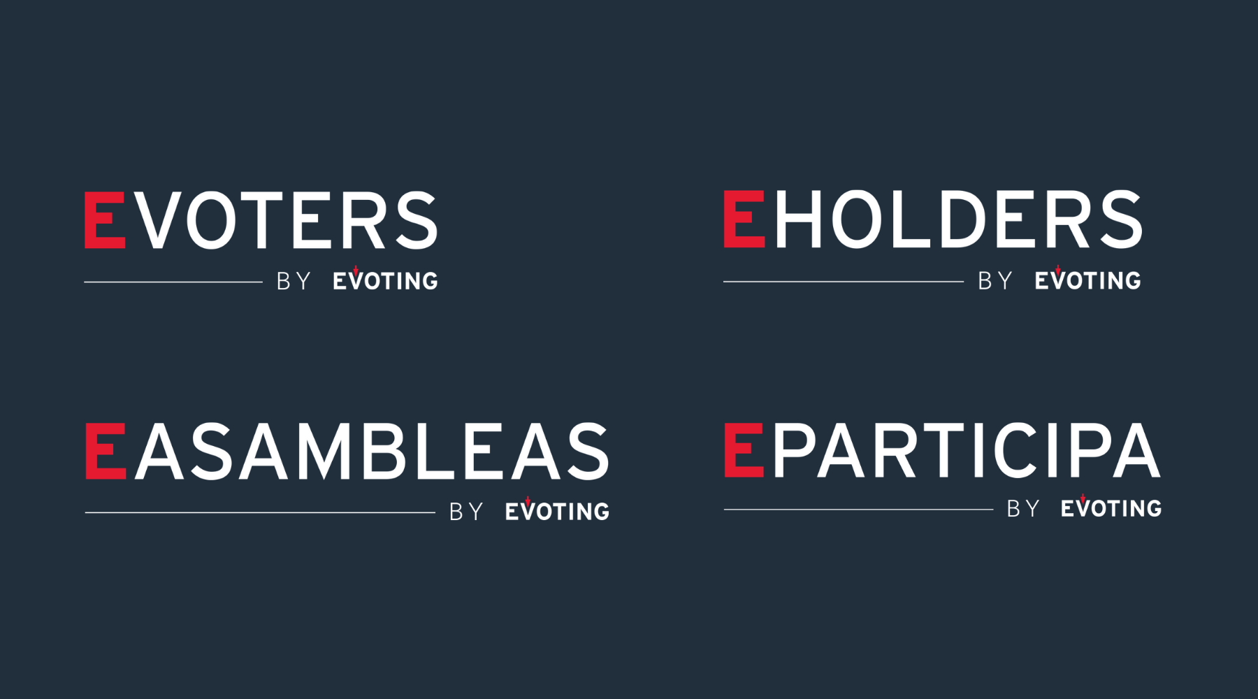 Logos de EVoters, EHolders, EParticipa e EAsambleas, de EVoting